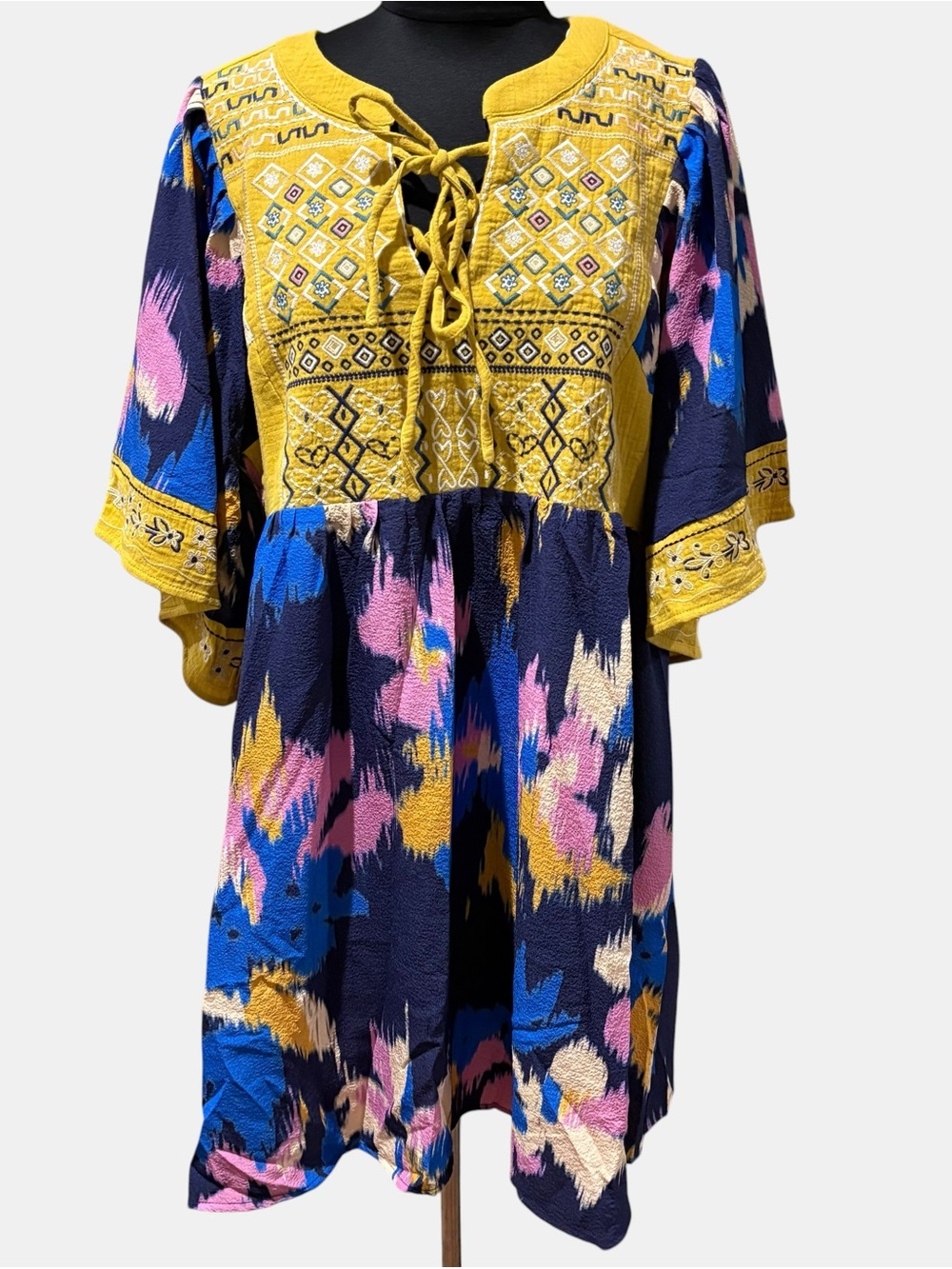 Umgee Mustard Embroidered Boho dress with Teal & Pink Accents size S